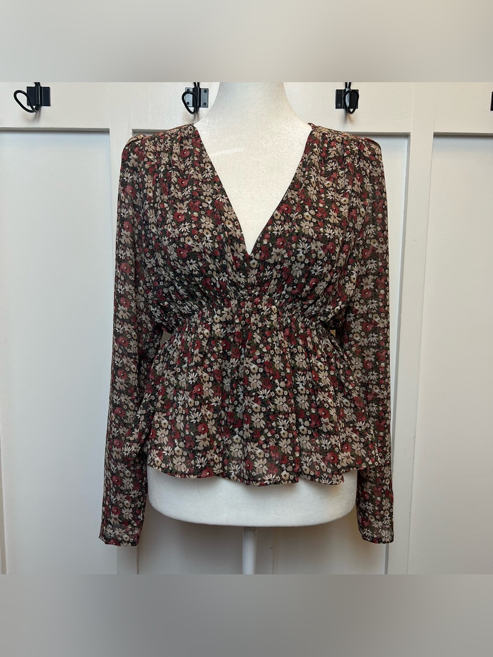 Entro Sz Small Ditzy Floral Peplum Blouse Top Sheer Long Sleeve Boho Cottagecore